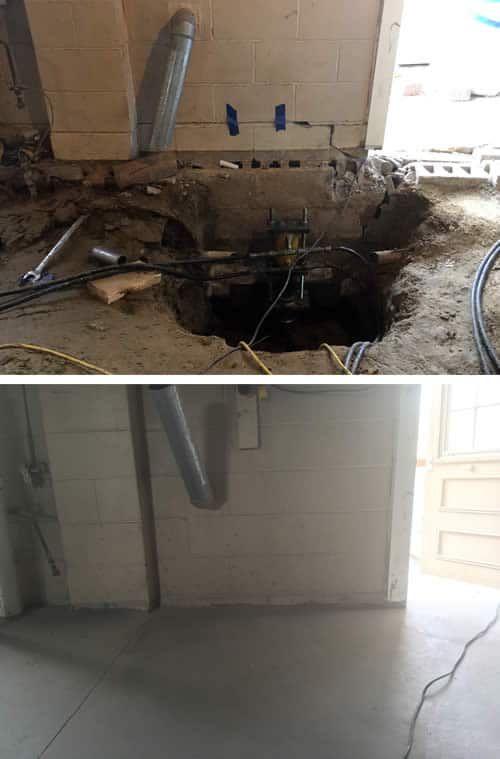 A before and after of foundation crack repair that was done by BDB Waterproofing. The above photo shows the work already being done to fix the foundation. The below one is what it looks like after it was completed.