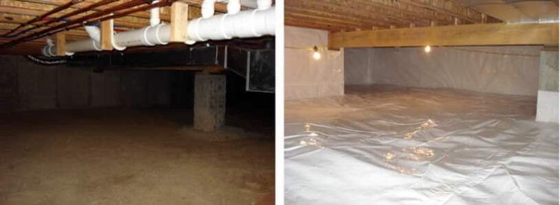 A before and after image composition of what it looks like when BDB Waterproofing does crawl space repair. The before image shows a regular crawl space with pipes at the top. The after shows a tarp that has been laid down.