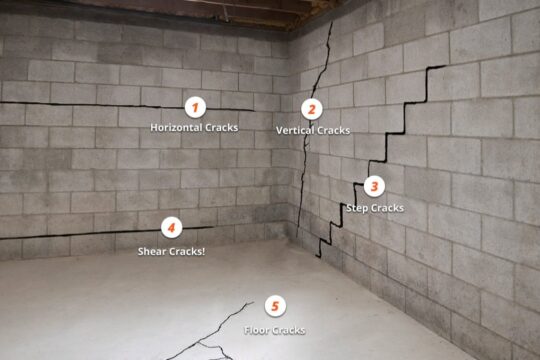 There are 5 different types of cracks you can experience in your foundation. One is horizontal, two is vertical, three are step cracks, four are shear cracks, and five are floor cracks.