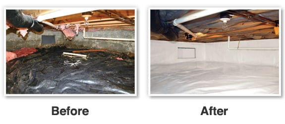 A before and after of a crawl space encapsulation and crawl space repair that BDB Waterproofing did.