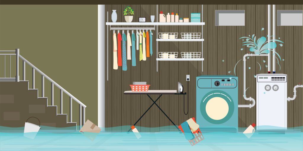 A basement laundry room is experiencing water problems as it is flooded. A bucket, box, and laundry basket are all floating in the flooded room.