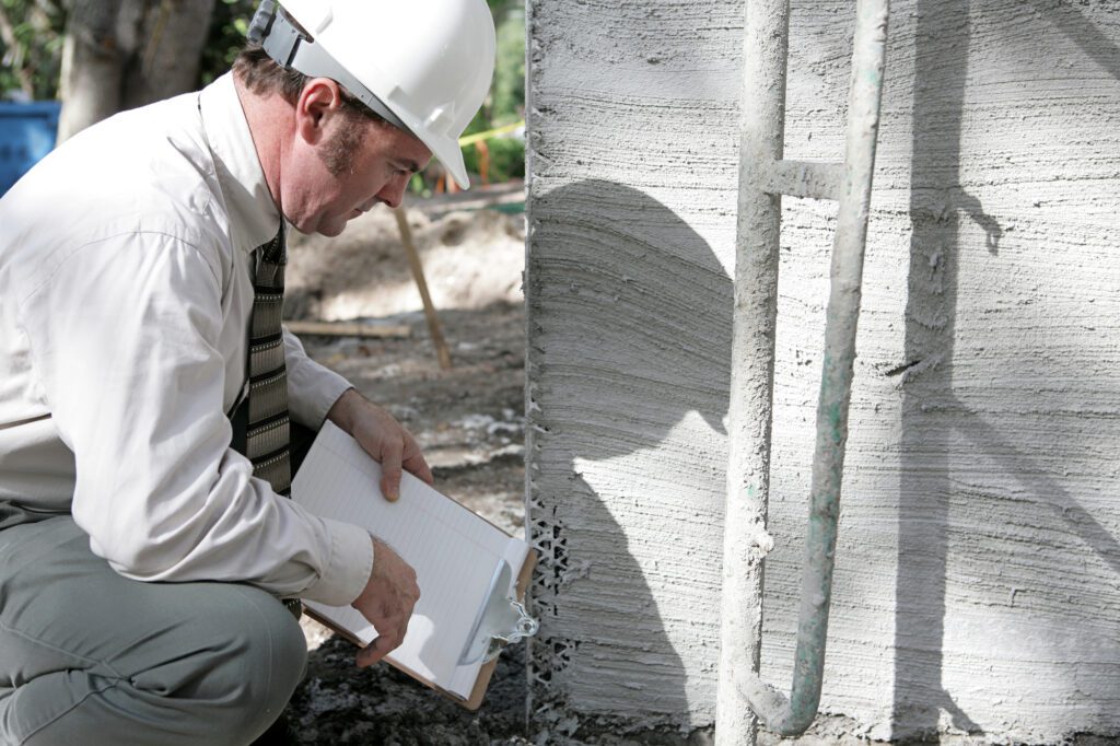 A foundation repair contractor inspects the foundation of a home to see if it's sinking.