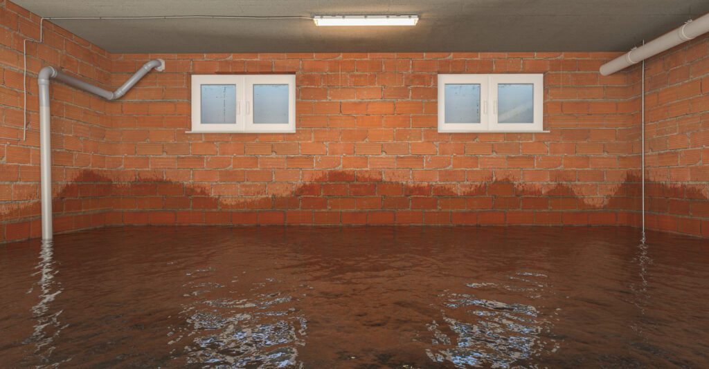 A basement experiences some flooding. The brick walls are wet and the floor is completely covered with water.