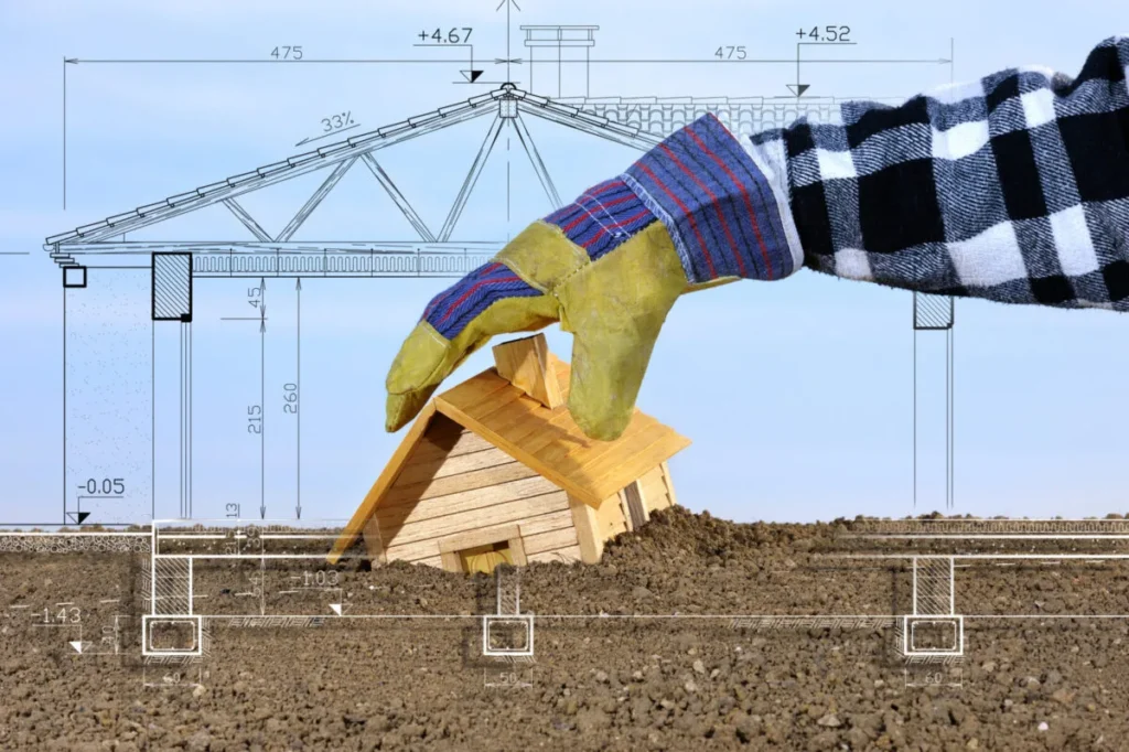 A construction worker wearing a yellow work glove picks up a house that is buried in dirt. The house is experiencing foundation settlement issues.