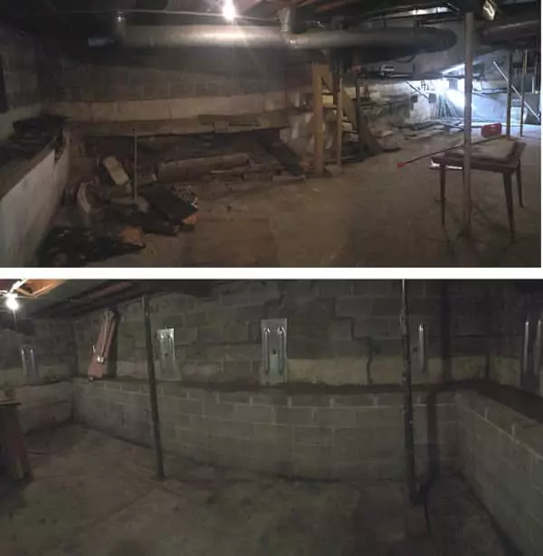 Basement Wall Repair & Rebuild before and after by BDB Waterproofing in Omaha. The before image on the top shows a basement in disarray and badly damaged with bricks and debris over the floor. The after image shows the basement completed and looks cleaner.
