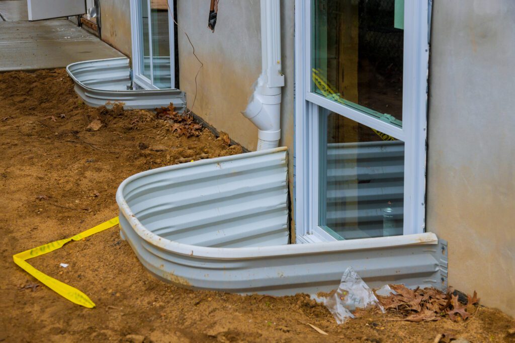 A window well is installed in the basement of a home. We're looking at the window from outside the home.