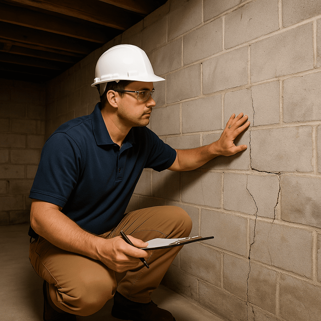 Contractor inspecting a bowed basement wall in need of repair | BDB Waterproofing Contractor inspecting a bowed basement wall in need of repair
